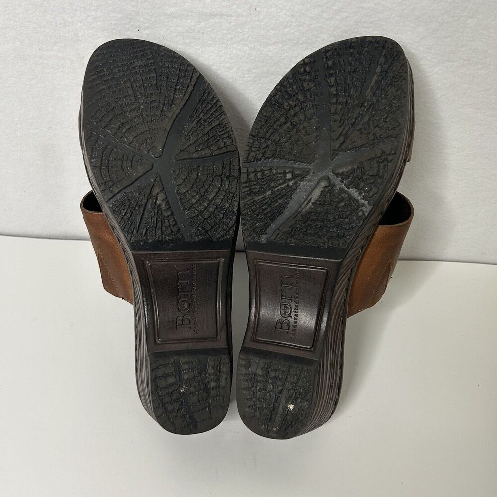 Born Brown Strappy Peep Toe Wedge Slip On Mules Sandals Size 8 EU 39 - Picture 6 of 8